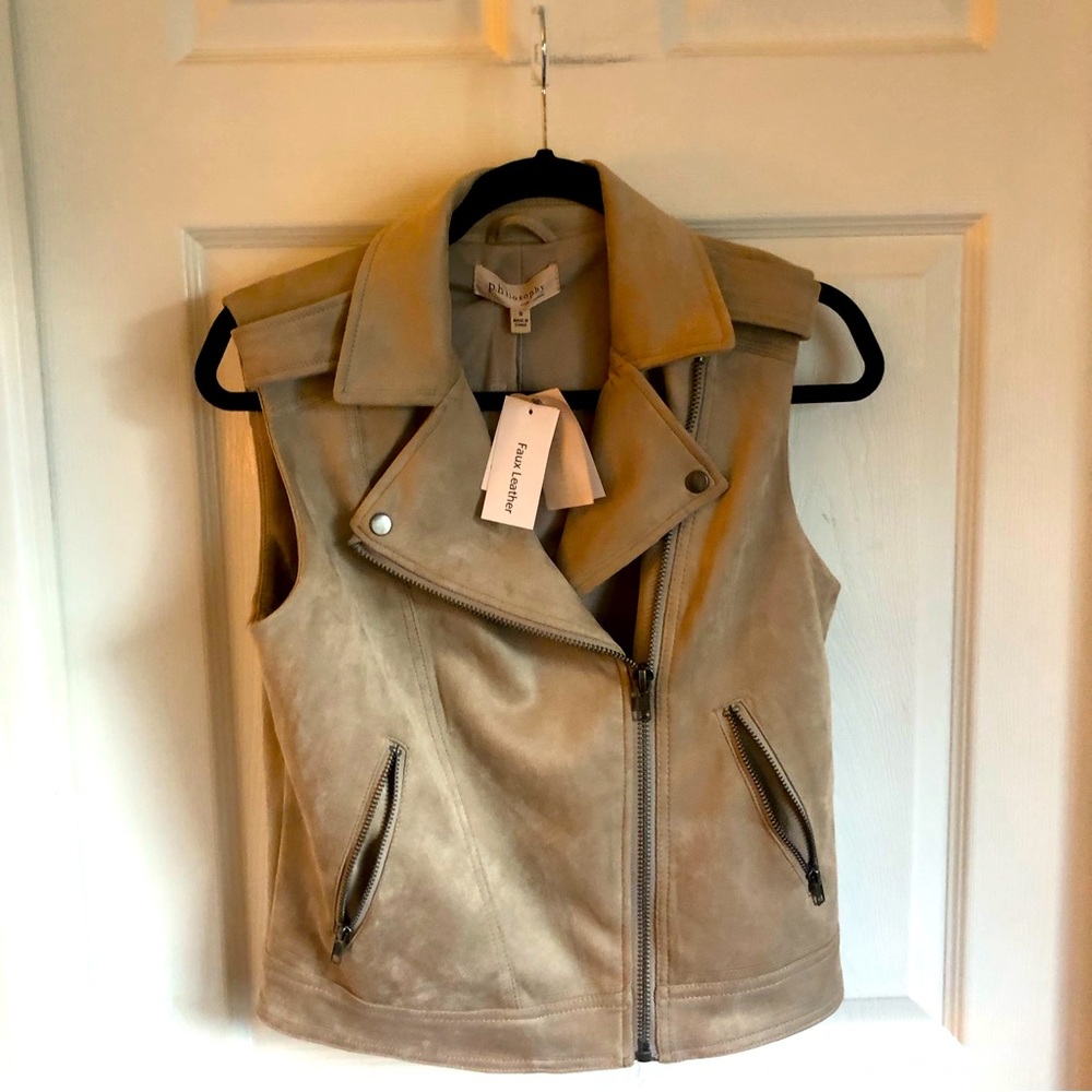 NWT Tan Faux Leather Suede Philosophy Suede Moto Vest Small
